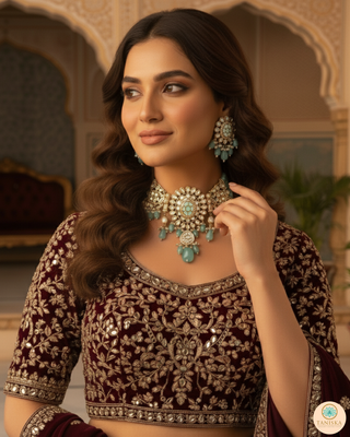 Luxury mint green beaded Kundan choker necklace set with matching earrings, elegant statement jewelry for South Asian bridal weddings and receptions.