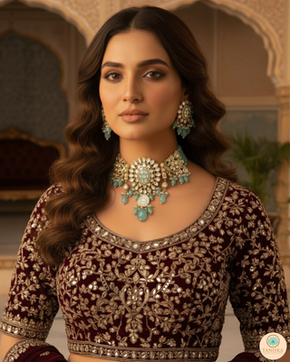 Luxury mint green beaded Kundan choker necklace set with matching earrings, elegant statement jewelry for South Asian bridal weddings and receptions.