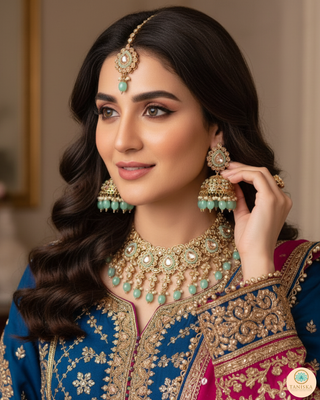 Luxury mint green Kundan bridal necklace set with matching jhumka earrings and maang tikka, elegant statement jewelry for South Asian weddings and nikah ceremonies.