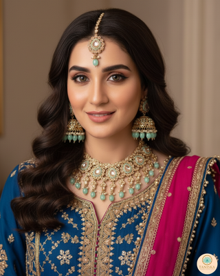 Luxury mint green Kundan bridal necklace set with matching jhumka earrings and maang tikka, elegant statement jewelry for South Asian weddings and nikah ceremonies.