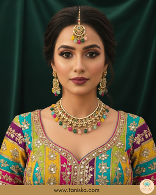 Luxury multicolor beaded Kundan bridal necklace set with matching earrings and maang tikka, vibrant statement jewelry for South Asian weddings and festive celebrations.