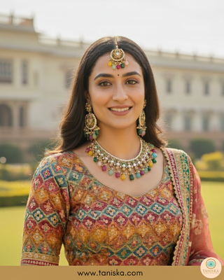 Luxury multicolor beaded Kundan bridal necklace set with matching earrings and maang tikka, vibrant statement jewelry for South Asian weddings and festive celebrations.
