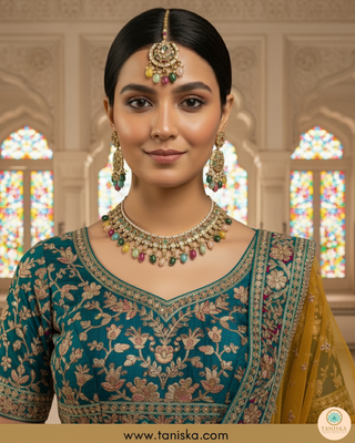 Luxury multicolor beaded Kundan bridal necklace set with matching earrings and maang tikka, vibrant statement jewelry for South Asian weddings and festive celebrations.