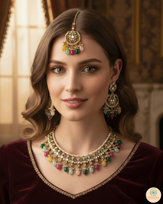 Luxury multicolor beaded Kundan bridal necklace set with matching earrings and maang tikka, vibrant statement jewelry for South Asian weddings and festive celebrations.