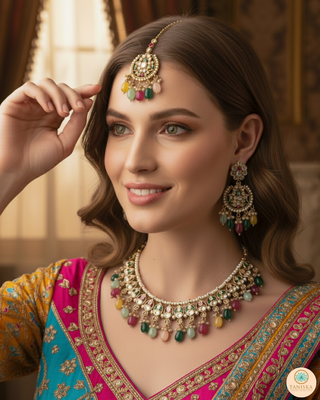 Luxury multicolor beaded Kundan bridal necklace set with matching earrings and maang tikka, vibrant statement jewelry for South Asian weddings and festive celebrations.
