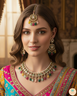 Luxury multicolor beaded Kundan bridal necklace set with matching earrings and maang tikka, vibrant statement jewelry for South Asian weddings and festive celebrations.