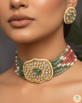 Luxury multicolor beaded Kundan choker necklace set featuring mint green and soft pink beads with matching earrings, elegant statement jewelry for South Asian bridal weddings and festive receptions.