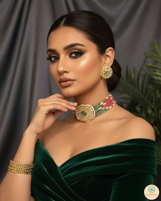 Luxury multicolor beaded Kundan choker necklace set featuring mint green and soft pink beads with matching earrings, elegant statement jewelry for South Asian bridal weddings and festive receptions.