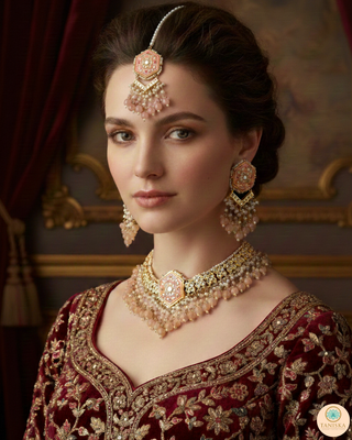 Luxury peach-orange meenakari Kundan choker necklace set with matching jhumka earrings and maang tikka, vibrant statement jewelry for South Asian bridal weddings and festive occasions.