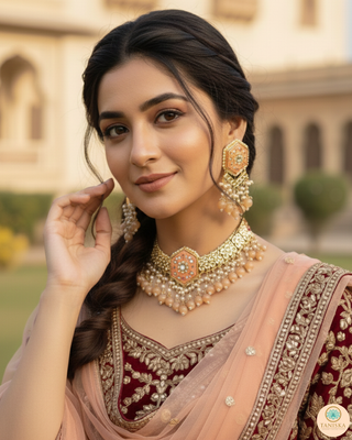 Luxury peach-orange meenakari Kundan choker necklace set with matching jhumka earrings and maang tikka, vibrant statement jewelry for South Asian bridal weddings and festive occasions.