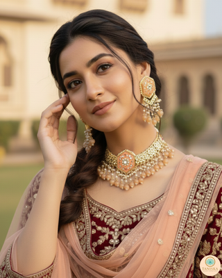 Luxury peach-orange meenakari Kundan choker necklace set with matching jhumka earrings and maang tikka, vibrant statement jewelry for South Asian bridal weddings and festive occasions.