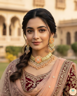 Luxury peach-orange meenakari Kundan choker necklace set with matching jhumka earrings and maang tikka, vibrant statement jewelry for South Asian bridal weddings and festive occasions.