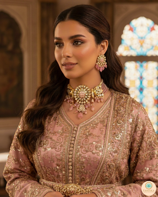 Luxury pink beaded Kundan choker set with matching earrings, an elegant statement piece for South Asian bridal weddings and nikah ceremonies, as seen in www.taniska.com