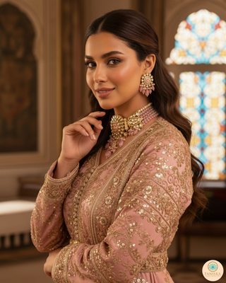 Luxury pink beaded Kundan choker set with matching earrings, an elegant statement piece for South Asian bridal weddings and nikah ceremonies, as seen in www.taniska.com