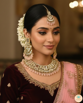 Luxury pink glass work Kundan bridal necklace set with matching earrings and headpiece, statement jewelry for South Asian weddings and nikah ceremonies.