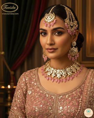 Luxury pink glass work Kundan bridal necklace set with matching earrings and headpiece, statement jewelry for South Asian weddings and nikah ceremonies.