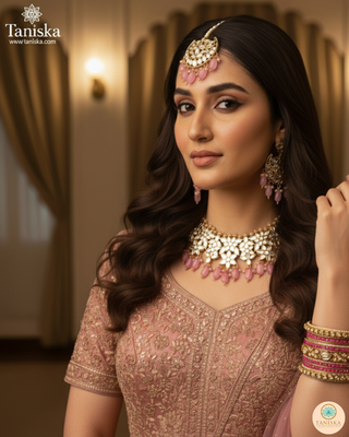 Luxury pink glass work Kundan bridal necklace set with matching earrings and headpiece, statement jewelry for South Asian weddings and nikah ceremonies.
