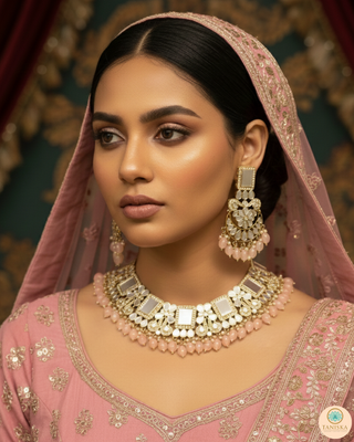 Luxury pink glass work Kundan bridal necklace set with matching earrings and headpiece, statement jewelry for South Asian weddings and nikah ceremonies.