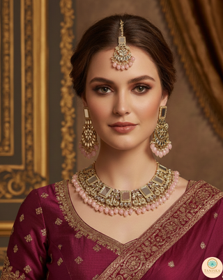 Luxury pink glass work Kundan bridal necklace set with matching earrings and headpiece, statement jewelry for South Asian weddings and nikah ceremonies.