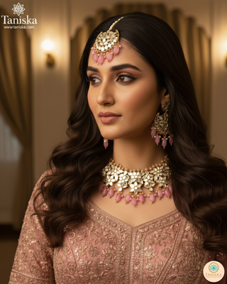 Luxury pink glass work Kundan bridal necklace set with matching earrings and headpiece, statement jewelry for South Asian weddings and nikah ceremonies.
