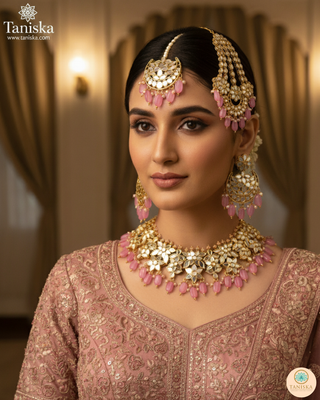 Luxury pink glass work Kundan bridal necklace set with matching earrings and headpiece, statement jewelry for South Asian weddings and nikah ceremonies.