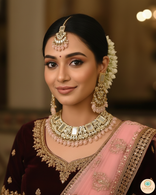 Luxury pink glass work Kundan bridal necklace set with matching earrings and headpiece, statement jewelry for South Asian weddings and nikah ceremonies.