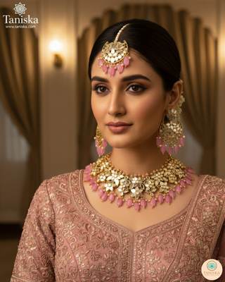 Luxury pink glass work Kundan bridal necklace set with matching earrings and headpiece, statement jewelry for South Asian weddings and nikah ceremonies.