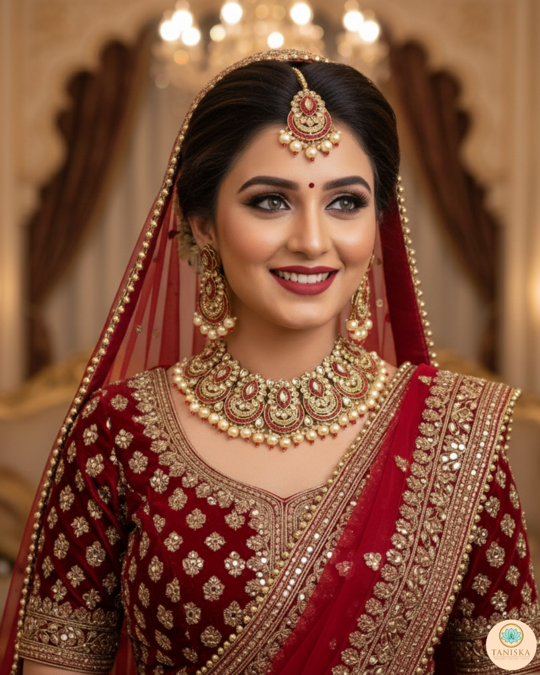 Luxury red and gold Kundan bridal necklace set with matching earrings and maang tikka, statement jewelry for South Asian weddings and nikah ceremonies.