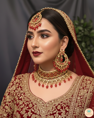 Luxury red and gold Kundan bridal necklace set with matching earrings and maang tikka, statement jewelry for South Asian weddings and nikah ceremonies.