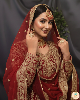 Luxury red and gold Kundan bridal necklace set with matching earrings and maang tikka, statement jewelry for South Asian weddings and nikah ceremonies.