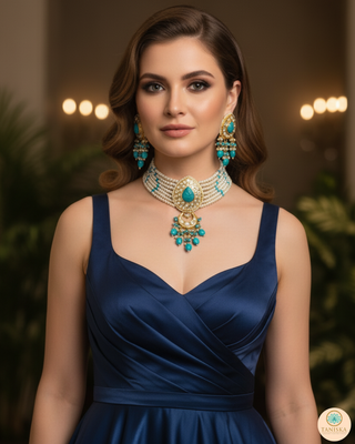 Luxury turquoise blue beaded Kundan choker necklace set with matching earrings, elegant statement jewelry for South Asian bridal weddings and receptions.