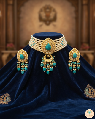 Luxury turquoise blue beaded Kundan choker necklace set with matching earrings, elegant statement jewelry for South Asian bridal weddings and receptions.