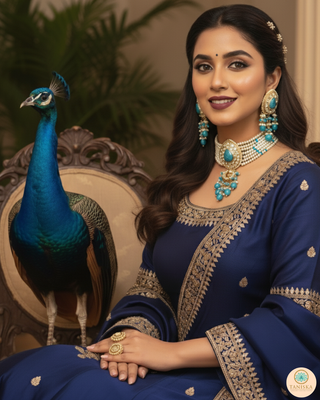 Luxury turquoise blue beaded Kundan choker necklace set with matching earrings, elegant statement jewelry for South Asian bridal weddings and receptions.