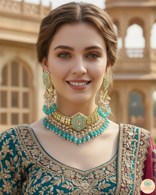 Luxury turquoise meenakari Kundan choker necklace set with matching earrings and maang tikka, vibrant statement jewelry for South Asian bridal weddings and festive occasions