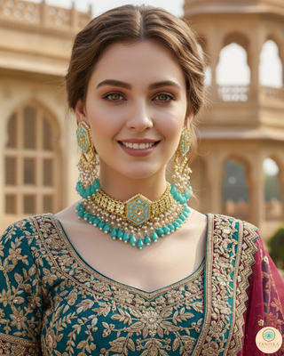 Luxury turquoise meenakari Kundan choker necklace set with matching earrings and maang tikka, vibrant statement jewelry for South Asian bridal weddings and festive occasions