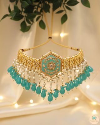 Luxury turquoise meenakari Kundan choker necklace set with matching earrings and maang tikka, vibrant statement jewelry for South Asian bridal weddings and festive occasions