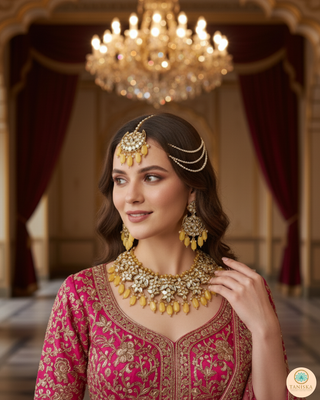 Luxury yellow glass work Kundan bridal necklace set with matching earrings and headpiece, statement jewelry for South Asian weddings and nikah ceremonies.