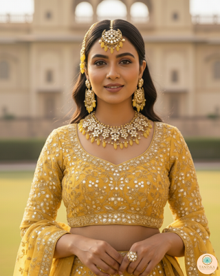Luxury yellow glass work Kundan bridal necklace set with matching earrings and headpiece, statement jewelry for South Asian weddings and nikah ceremonies.