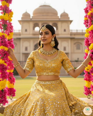 Luxury yellow glass work Kundan bridal necklace set with matching earrings and headpiece, statement jewelry for South Asian weddings and nikah ceremonies.