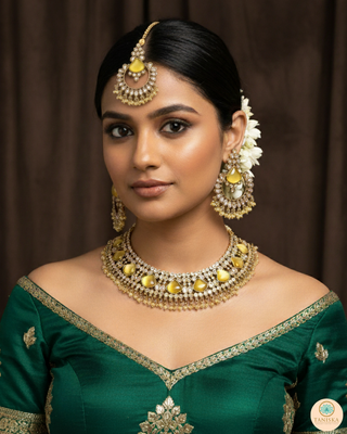 Luxury yellow Kundan bridal necklace set with matching earrings and maang tikka, elegant statement jewelry for South Asian weddings and nikah ceremonies.