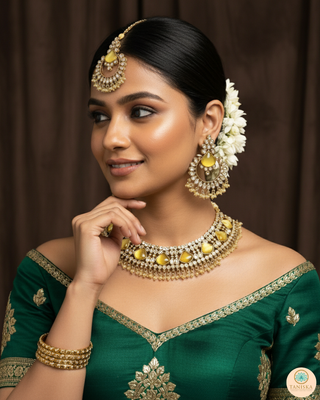 Luxury yellow Kundan bridal necklace set with matching earrings and maang tikka, elegant statement jewelry for South Asian weddings and nikah ceremonies.