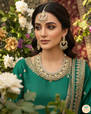 Luxury yellow Kundan bridal necklace set with matching earrings and maang tikka, elegant statement jewelry for South Asian weddings and nikah ceremonies.
