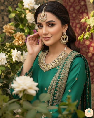 Luxury yellow Kundan bridal necklace set with matching earrings and maang tikka, elegant statement jewelry for South Asian weddings and nikah ceremonies.