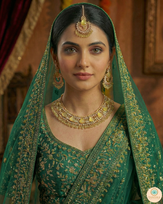 Luxury yellow Kundan bridal necklace set with matching earrings and maang tikka, elegant statement jewelry for South Asian weddings and nikah ceremonies.