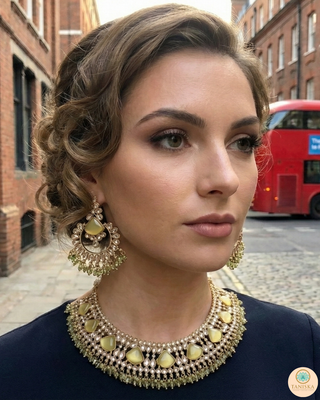 Luxury yellow Kundan bridal necklace set with matching earrings and maang tikka, elegant statement jewelry for South Asian weddings and nikah ceremonies.
