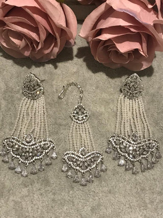 American Diamond Style Earring & Tikka Set - Silver
