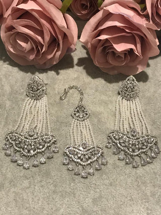 American Diamond Style Earring & Tikka Set - Silver