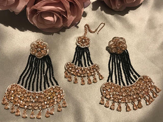 American Diamond Style Statement Earring & Tikka Set - Rose Gold & Navy
