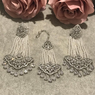 American Diamond Style Earring & Tikka Set - Silver