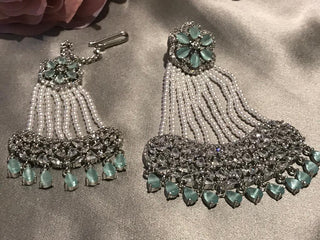 American Diamond Style Statement Earring & Tikka Set - Mint / Silver
